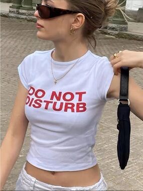 White "Do Not Disturb" Graphic Tee - Women's Casual Crop Top